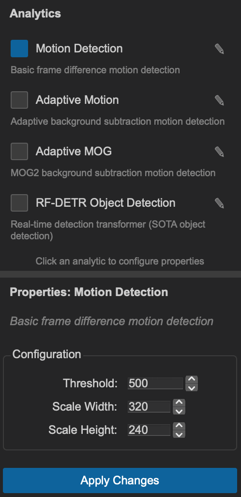 ThreatSight analytics pane with motion, adaptive motion, adaptive MOG, and RF-DETR detection and properties